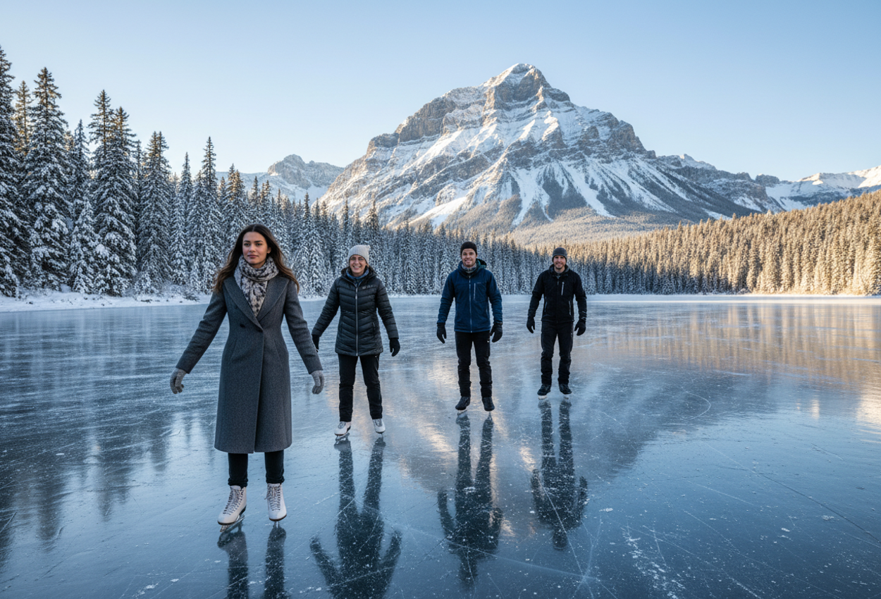 A high-resolution landscape photo depicting elegantly dressed skaters gliding across Johnson Lake’s frozen surface framed by snow-laden pines and a sunlit Mount Cascade under a clear blue sky. Foreground skaters, midground trees, and background mountain create a tranquil, immersive winter scene.