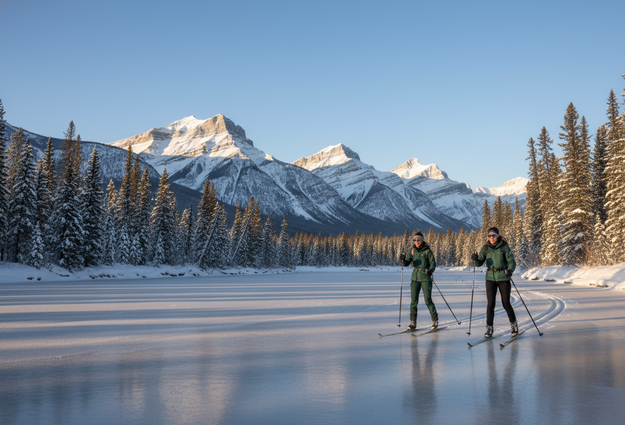 A wide‑angle winter landscape showing two cross‑country skiers in luxury winter gear skiing on a frozen Bow River in Banff National Park, surrounded by snow‑covered Engelmann spruce, lodgepole pine, and distant rocky peaks, bathed in warm golden morning light.