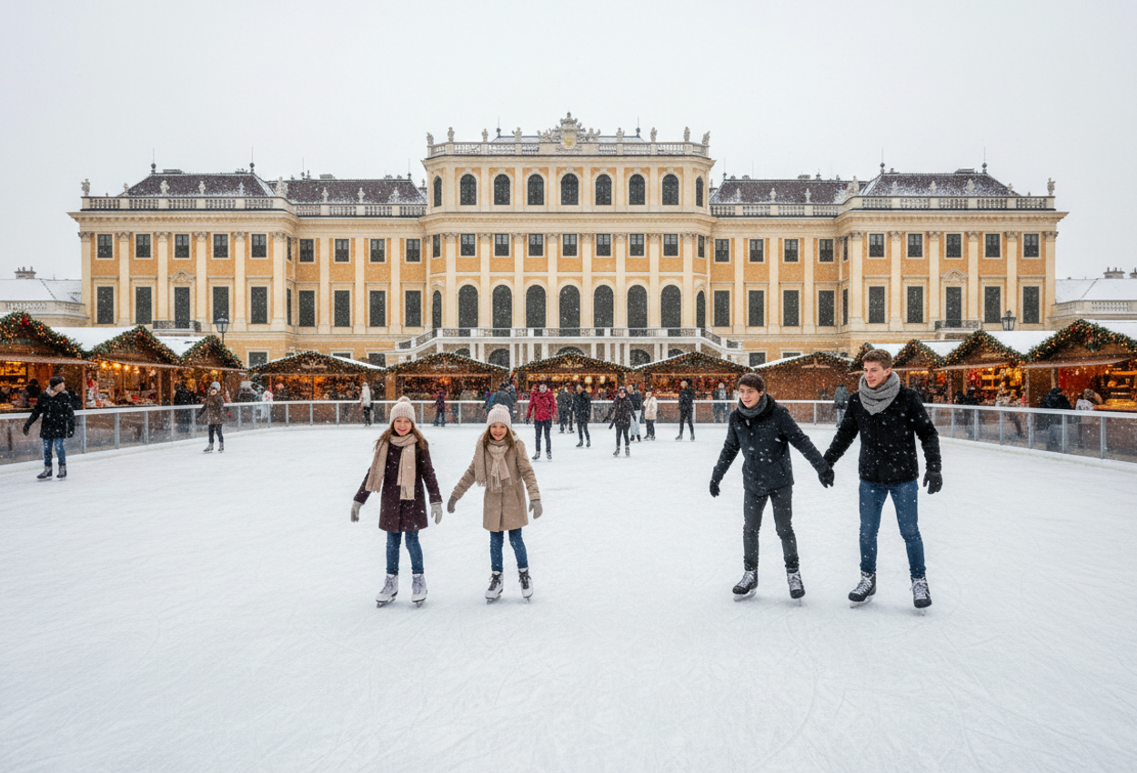 A wide‑angle view of Schönbrunn Palace under fresh snow, a festive Christmas Market with wooden stalls and warm glows in the courtyard, and people ice skating softly blurred under overcast winter light.