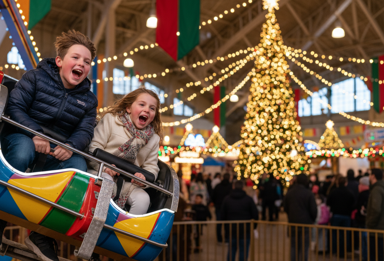 Photo shows two children screaming with delight on the Cliffhanger ride inside an indoor Winter WonderFest festival, featuring twinkling lights, colorful banners, and festive crowded atmosphere during the day.