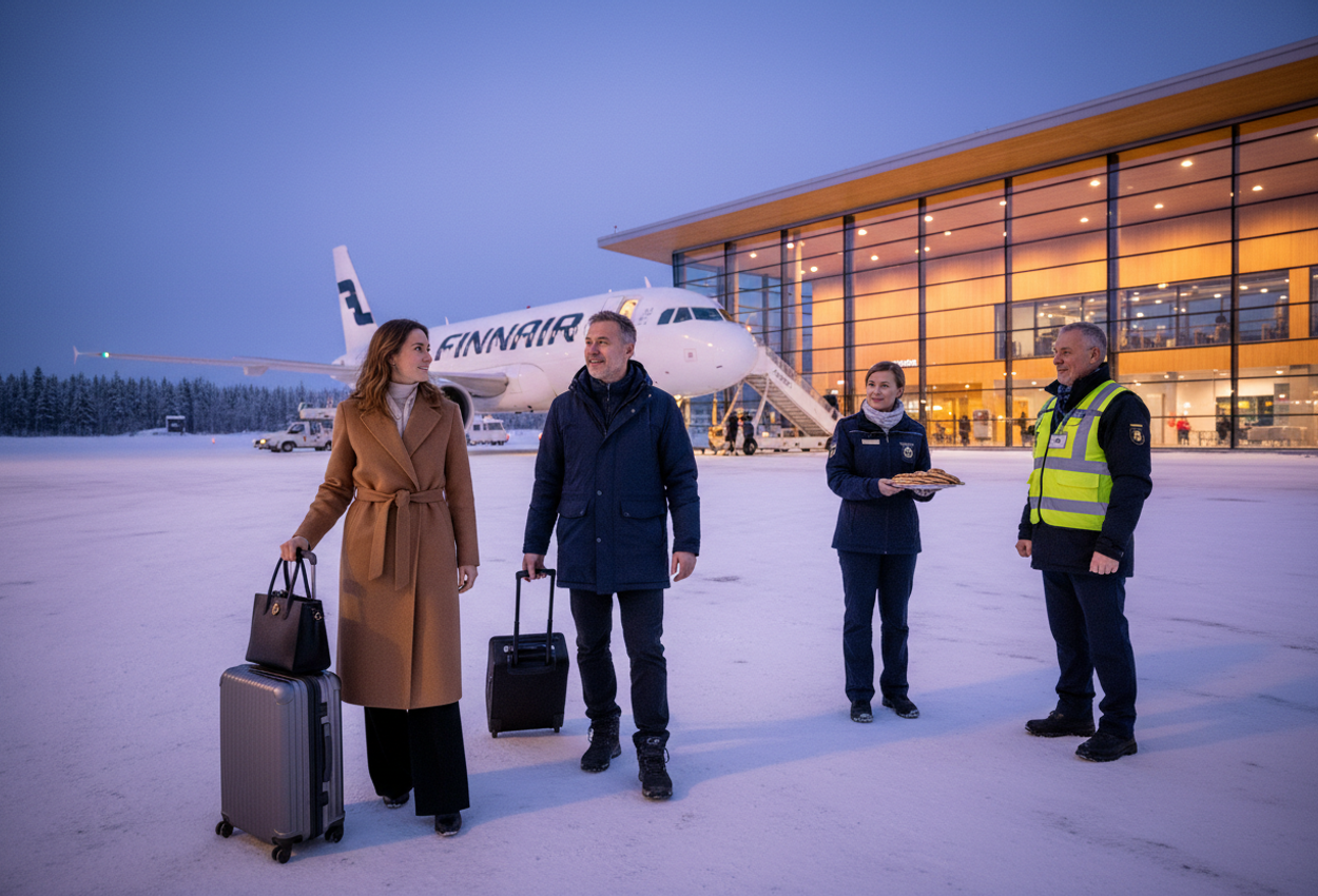 A dusk‑lit scene at Rovaniemi Airport on December 1, 2025, showing passengers disembarking a Finnair plane onto a snow‑covered apron under deep blue twilight. Warm interior lighting highlights traveler and staff interactions amid the wooden terminal and snowy runway.
