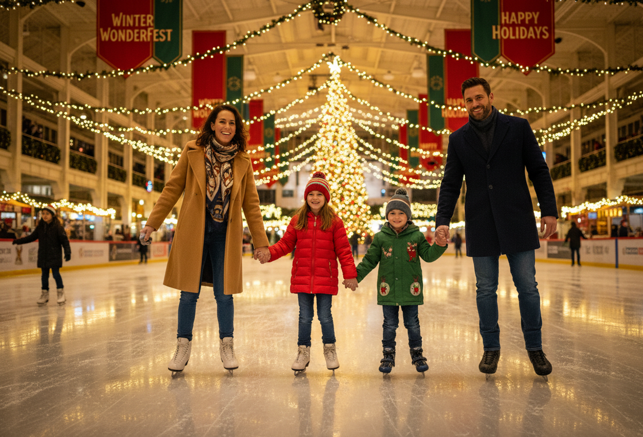 Photo of a family of four ice skating hand‑in‑hand at Navy Pier’s indoor Winter WonderFest rink in the evening; warm holiday lights, a towering decorated tree, festive banners, hyper‑realistic textures of ice and clothing, joyful togetherness.