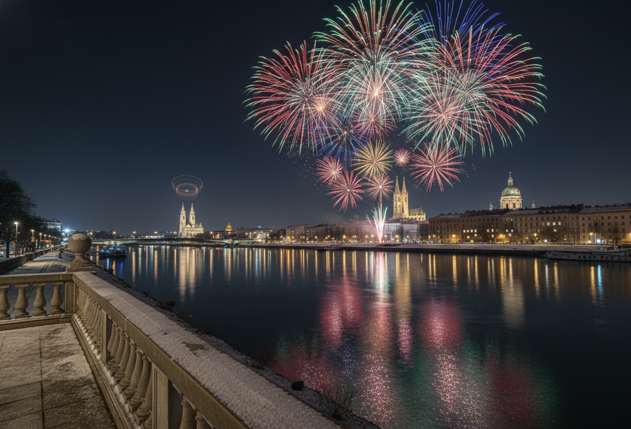 A long‑exposure photo capturing vibrant New Year’s fireworks bursting over the Danube River in Vienna, with the illuminated city skyline under a clear, cold winter night sky and freshly fallen snow on a stone balustrade in the foreground.
