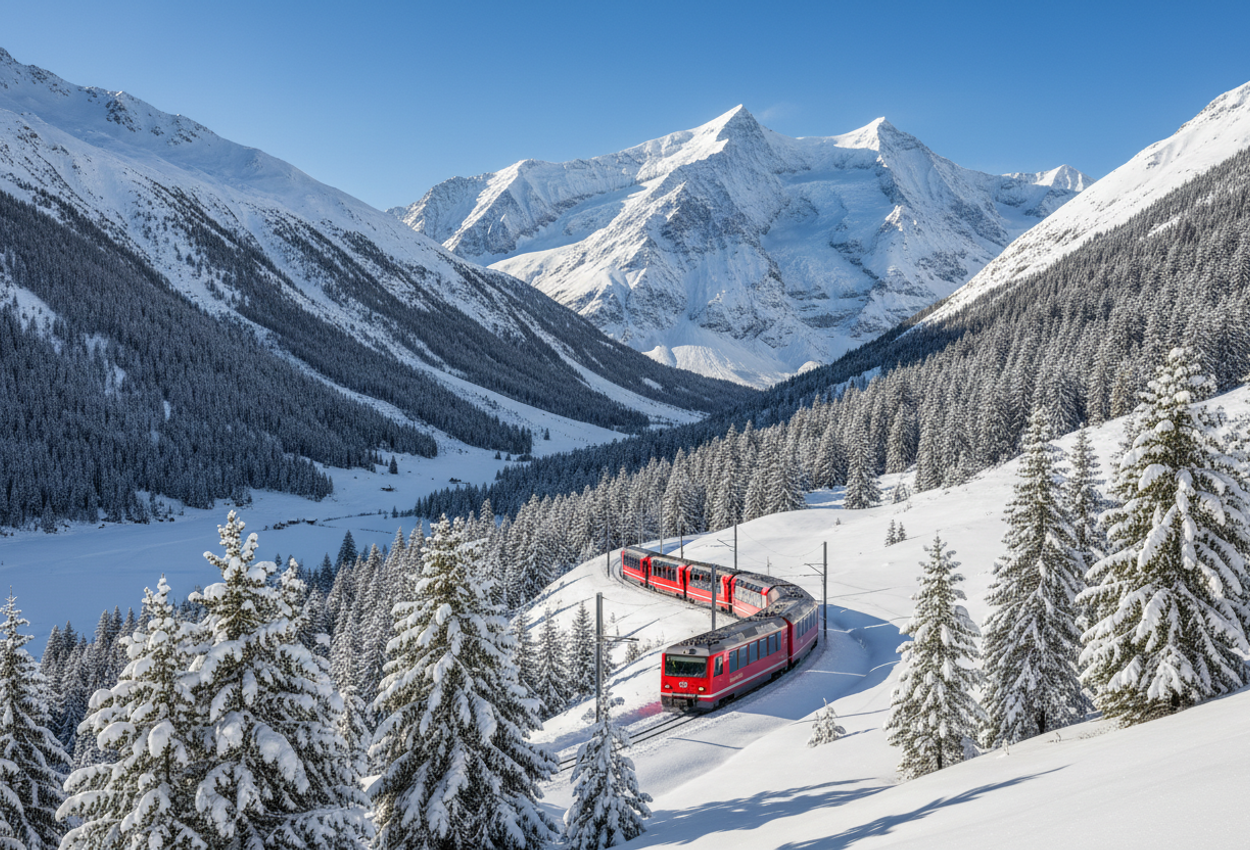 A landscape photograph of a red and white scenic Swiss train moving through a snow‑covered valley, framed by snow‑laden conifer trees in the foreground and towering snow‑capped mountains under a clear blue winter sky in the background, evoking serene luxury and escapism.