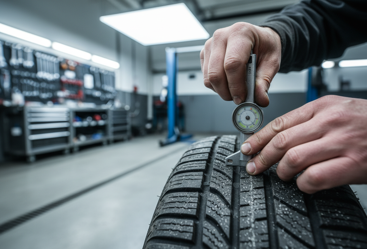 A detailed close‑up photograph of a mechanic’s hands using a tread depth gauge on a car tire inside a well‑lit garage, capturing crisp textures of rubber grooves and tool metal, conveying precision and professionalism.