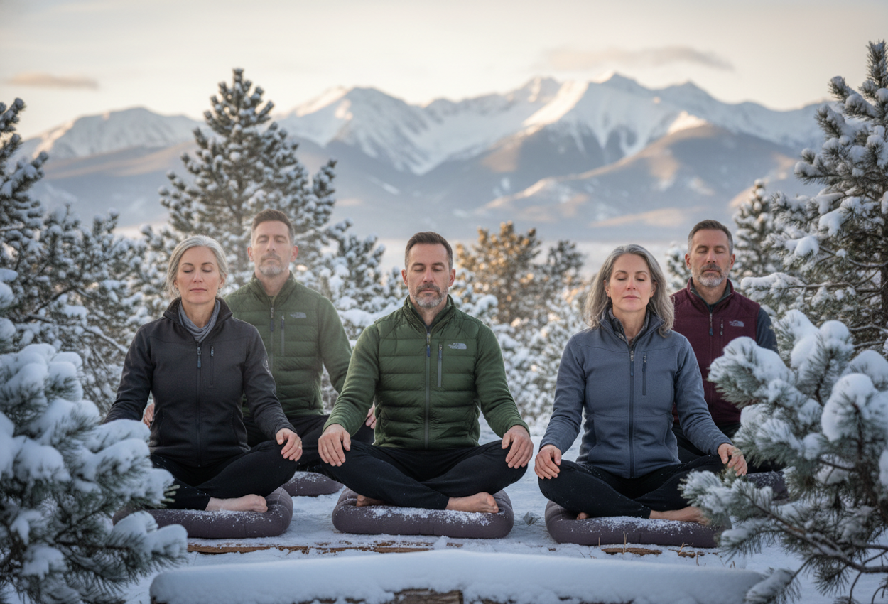 A daytime winter scene shows a small group meditating outdoors at a Zen center in Crestone, Colorado, surrounded by snow‑covered pine trees and distant snowy mountains, with soft natural light and clear textures conveying serenity and mindfulness.