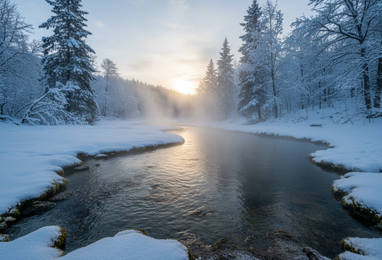 A serene winter scene showing a naturally heated hot spring surrounded by snow‑laden trees at dusk. Soft steam rises from the warm water into cold air, illuminated by gentle twilight glow.