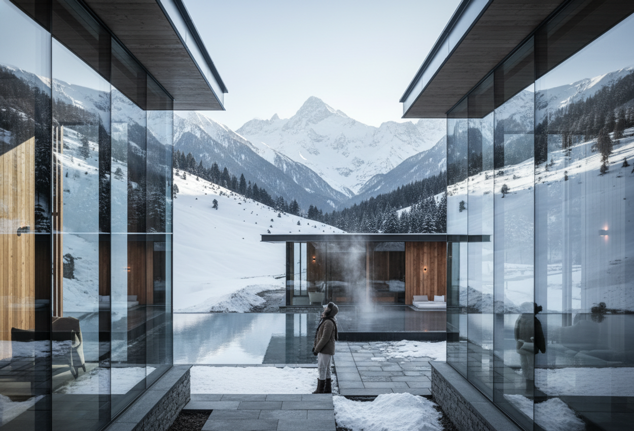 A serene daytime winter scene showing a minimalist glass‑front wellness resort in a Himalayan valley near Dharamshala, surrounded by snow‑covered mountains, with bright clear light, reflective surfaces, and luxurious modern architecture set against pristine natural backdrop.