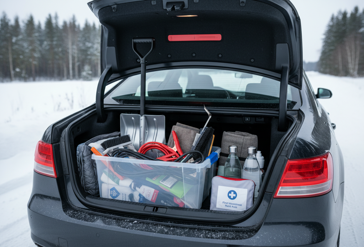 A sedan trunk opens to reveal an impeccably arranged winter emergency car kit: snow shovel, ice scraper, jumper cables, flashlight, first‑aid kit, blankets, warm clothing, water bottles, and snacks, set against a snow‑covered rural roadside under bright winter daylight.