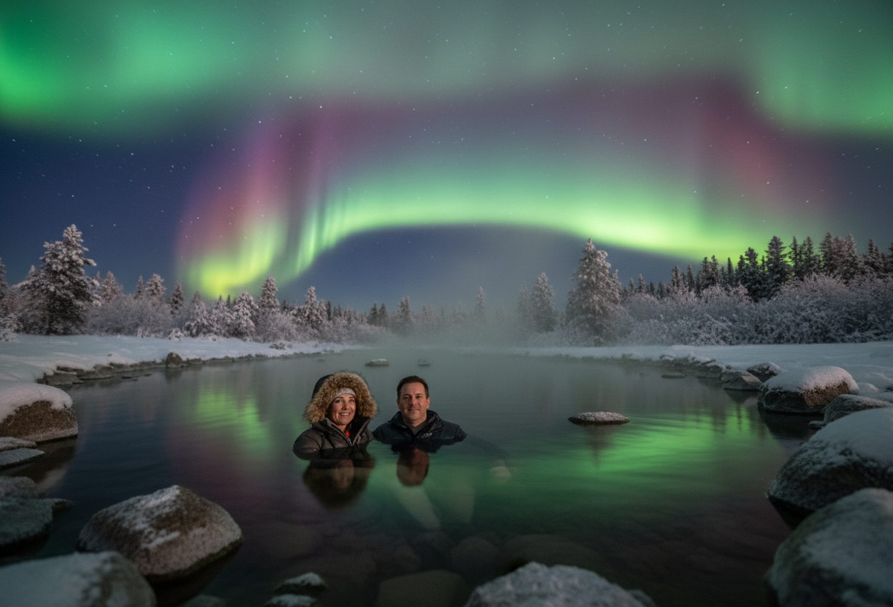 Night scene showing two adults relaxing in a steaming outdoor hot spring in snowy Alaska as vibrant green, purple, and red Northern Lights ripple overhead, reflected in the water.
