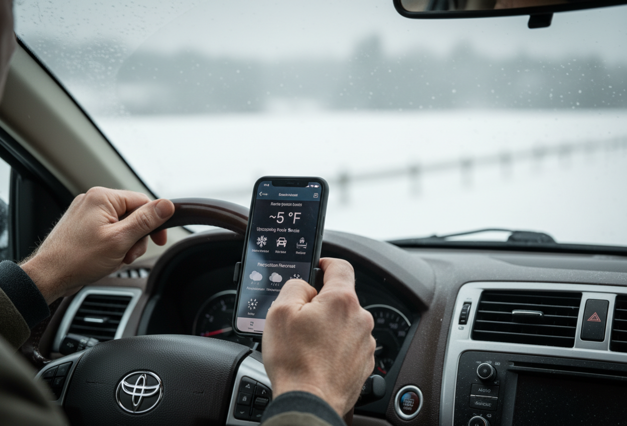 Photo of a driver’s hands holding a smartphone showing a detailed weather and road‑condition forecast inside a car. The dashboard and steering wheel are visible in sharp focus, while the snow‑covered landscape and cloudy sky outside are softly blurred.
