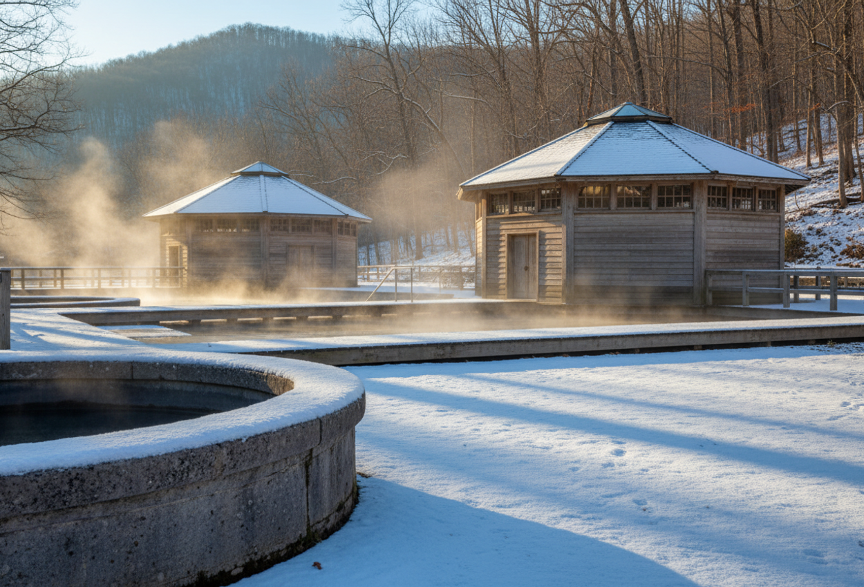 A winter landscape photograph of the historic Warm Springs Pools of The Omni Homestead Resort in Virginia, showing the stone basin and two 19th‑century bathhouses framed by light snow, mineral‑rich water steaming in cold air, surrounded by bare mountain trees and soft winter light.