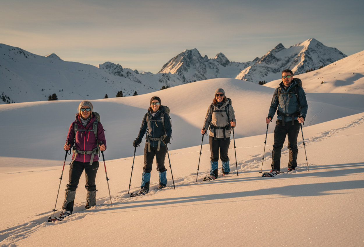 A landscape shot of four snowshoers traversing a snow-covered Alpine range at sunset, featuring realistic winter attire, textured snow, warm light on rugged peaks, and a sense of serene winter responsibility.