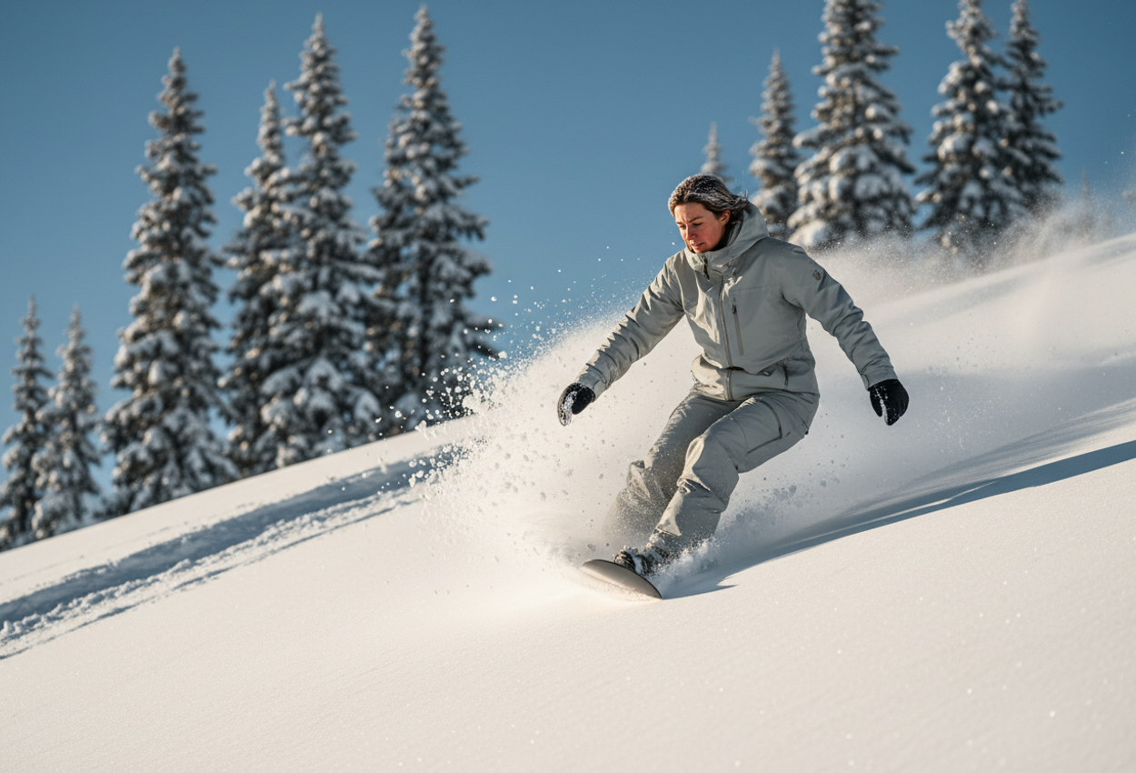 A female snowboarder, mid‑20s, wearing eco‑friendly recycled‑fabric skiwear, captured in motion carving through snow with snow‑laden evergreen trees behind her, under crisp early winter light.