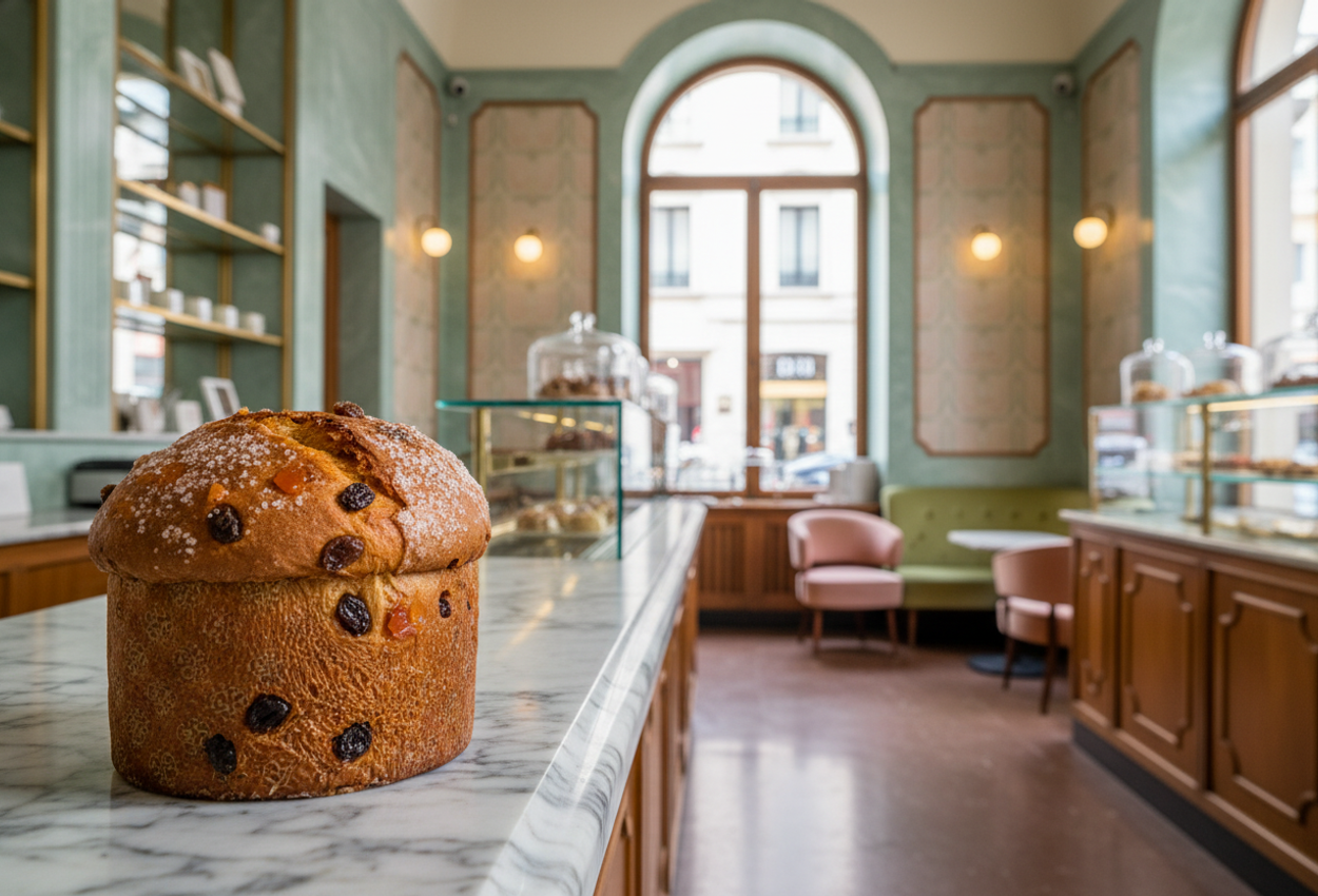 Panettone Display on Marble Counter at Pasticceria Marchesi, Milan, December Daylight A daytime photo of a dome‑shaped panettone with candied citrus and raisins on a marble counter inside Pasticceria Marchesi in Milan, showing mint‑green and chocolate interiors bathed in soft natural light.