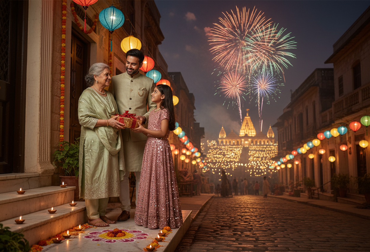 A family exchanges gifts by glowing oil lamps and rangoli on a street decorated with colorful lanterns and distant temple lights, with fireworks above, capturing a warm, intimate Diwali celebration.
