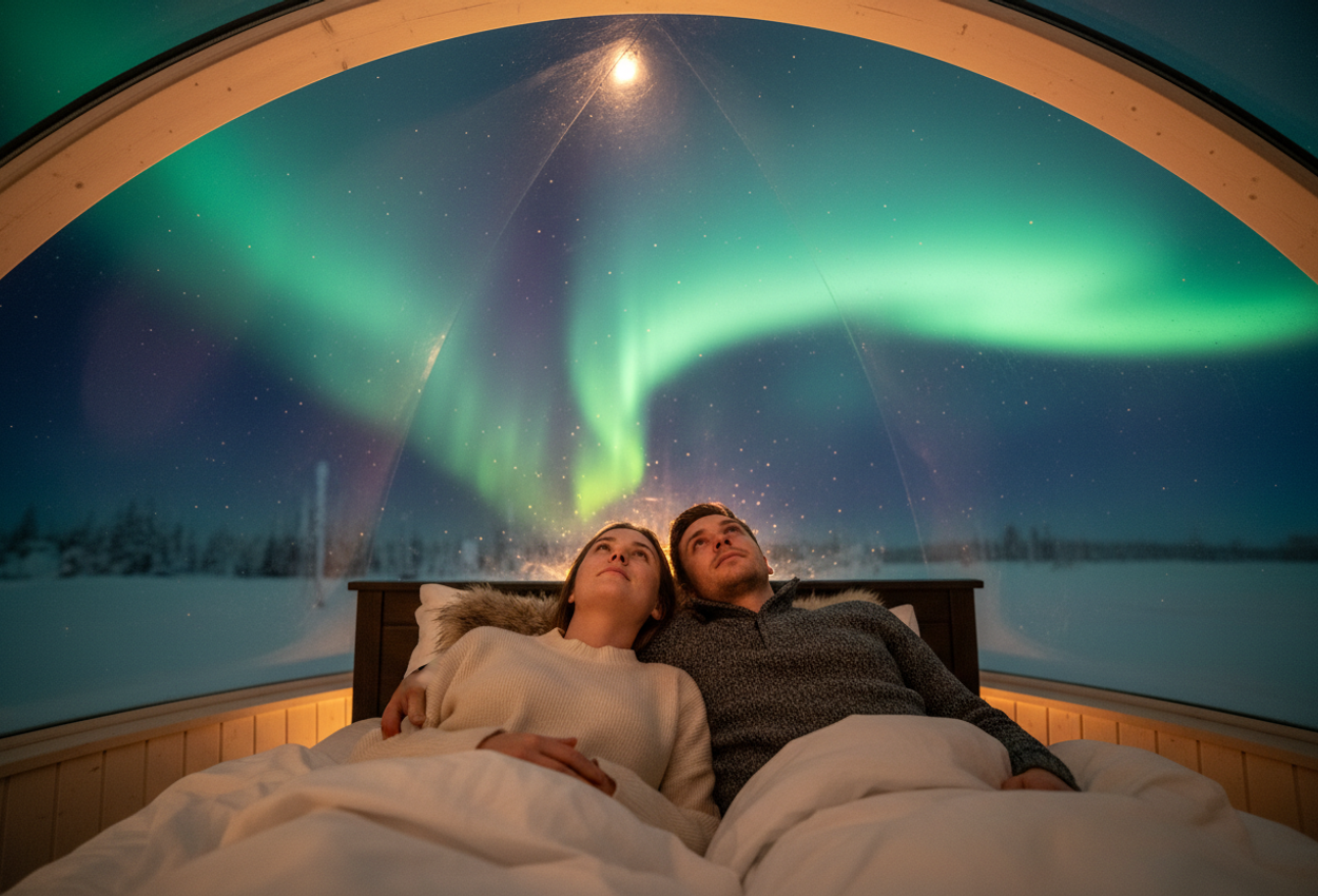 A young couple lying on a bed inside a glass igloo, gazing up at the vibrant Northern Lights through the curved glass ceiling. The warm glow of interior lighting contrasts with the cold, snowy exterior reflected on the glass.