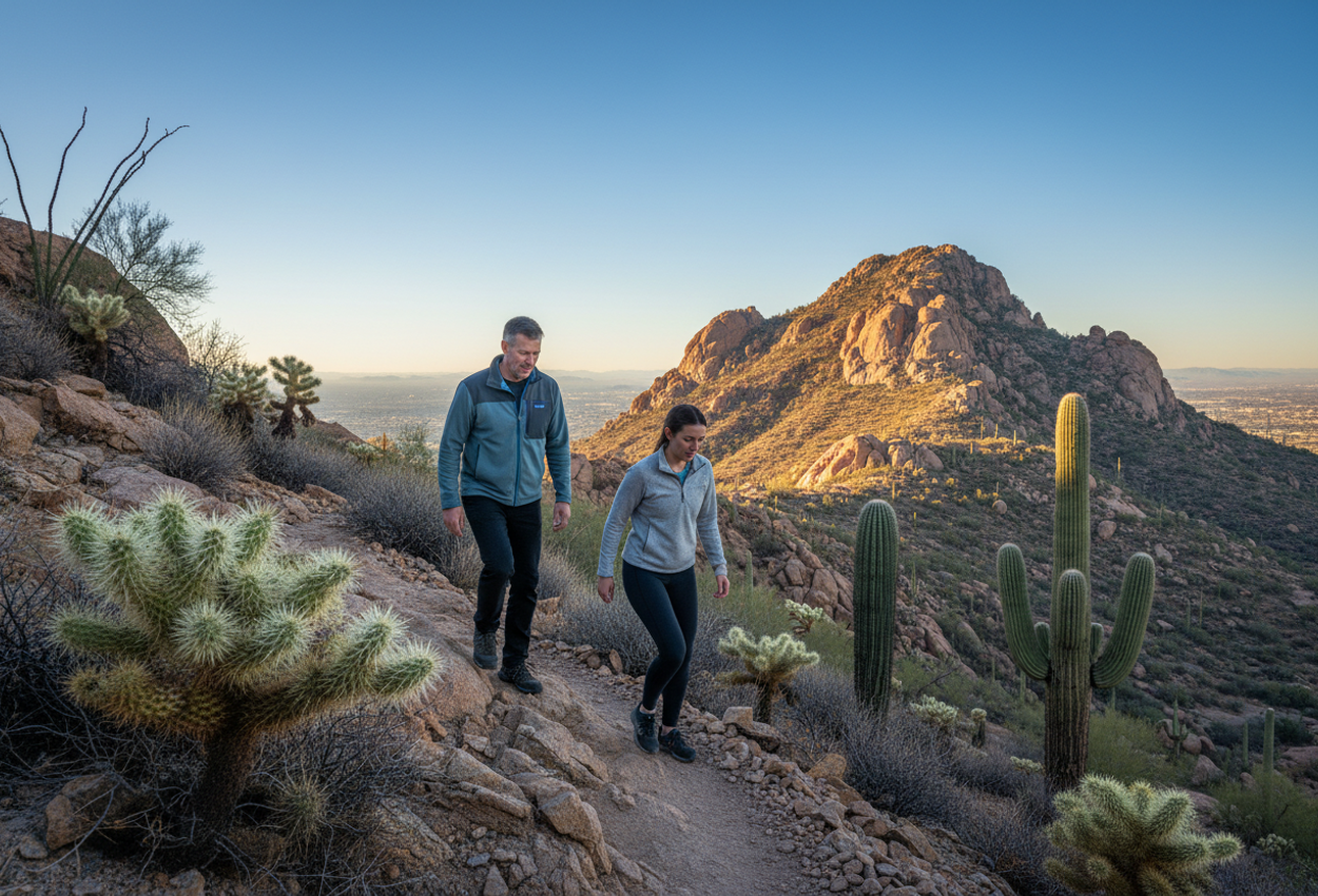 A daytime winter photograph of hikers ascending Camelback Mountain near Phoenix. The scene shows rugged desert terrain bathed in warm sunlight with clear blue skies, hikers climbing a rocky trail surrounded by distinctive Sonoran Desert vegetation.