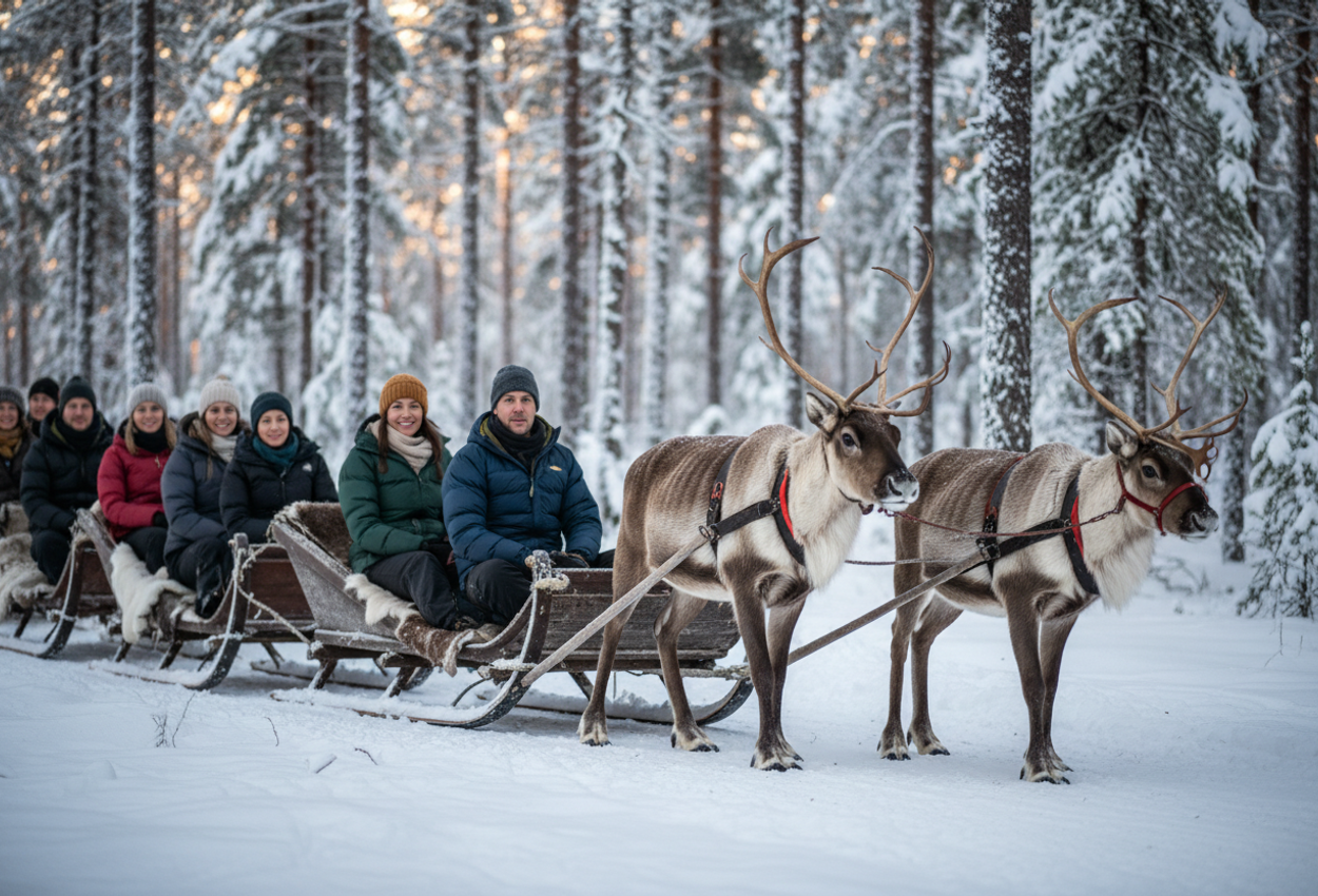 A side‑view photograph of a reindeer‑drawn wooden sleigh carrying bundled‑up guests through a snowy pine and birch forest at low winter light, capturing the textures of fur, wood, and snow, with visible breath, natural expressions, and a shallow depth of field conveying motion, cold air, and serene adventure.