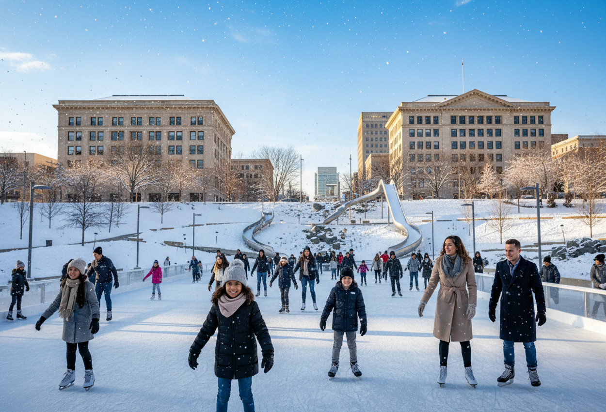 A winter daytime photograph of Gene Leahy Mall in Omaha: a light layer of snow covers the park, and people ice skate on an outdoor rink surrounded by metal slides dusted in snow and historic downtown buildings under soft sunlight.