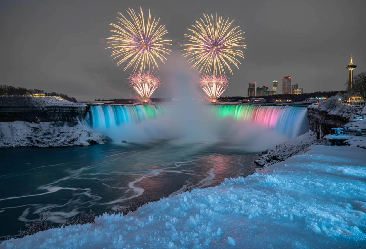 Nighttime panoramic photograph of Niagara Falls on December 31, 2025: illuminated waterfalls in jewel-toned LED light, long‑exposure fireworks bursts overhead, icy mist in foreground, city skyline silhouettes and snow‑covered trees in background.