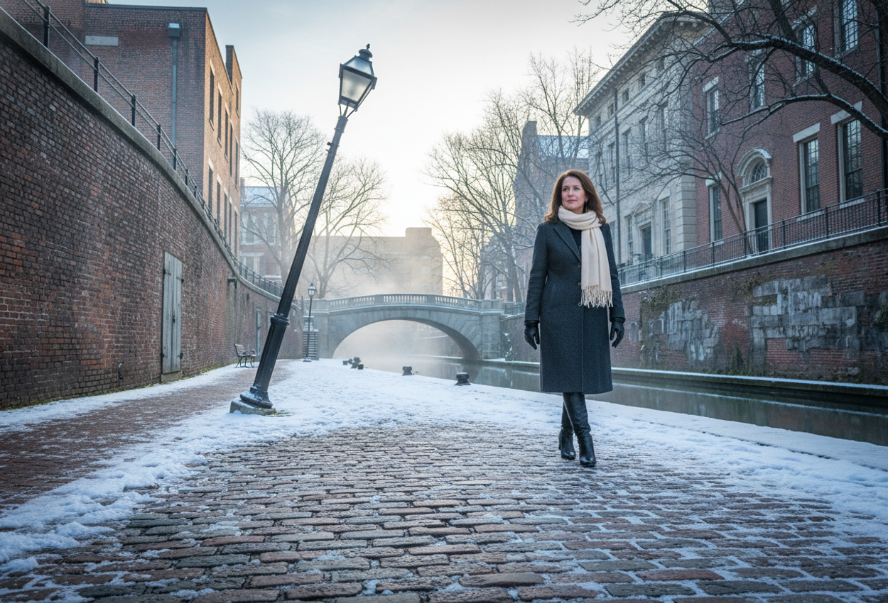 Photograph of Richmond’s Canal Walk on a snowy winter afternoon: a wide‑angle view of the curving canal lined by historic brick and stone buildings, a lone figure walking on a snow‑covered path, a gently arched bridge in the distance, and soft winter light casting cool shadows.