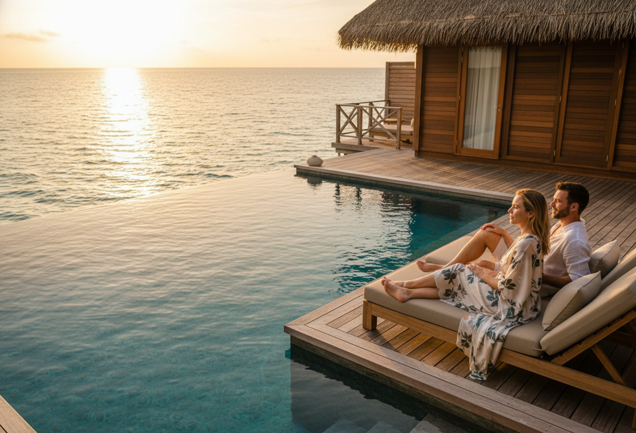 A landscape photo of a couple relaxing on the sun deck of an overwater bungalow at sunset, with a private infinity pool blending into the golden-hued tropical lagoon and a warm, tranquil atmosphere.
