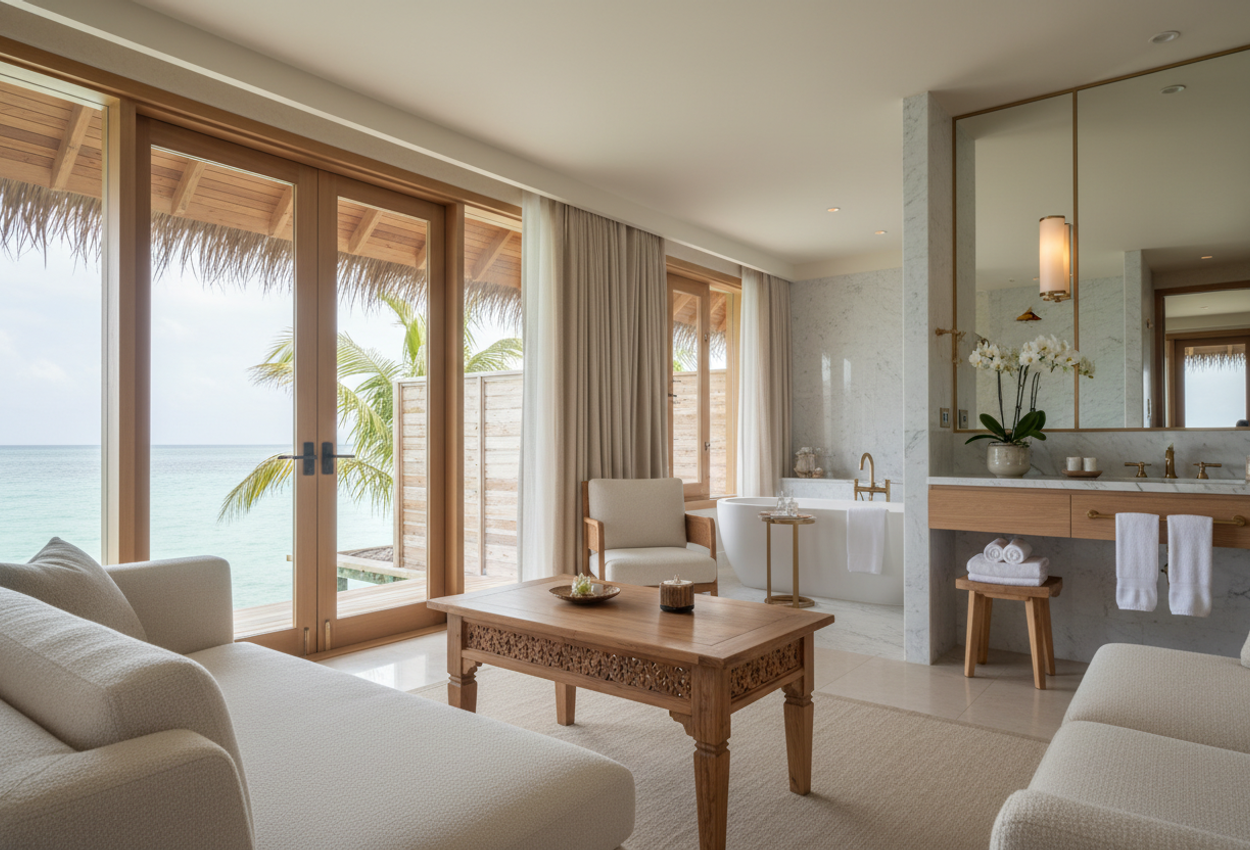 A sunlit wide‑angle view of a sophisticated overwater bungalow interior: plush linen chaise and teak furnishings in the foreground, marble bathroom and floor‑to‑ceiling ocean‑view windows in the background, highlighting textures of fabric, wood, marble, and brass under natural daylight.
