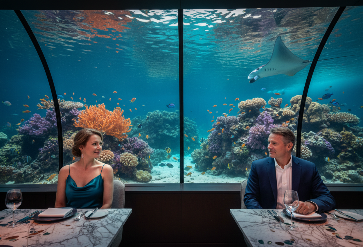 A refined scene showing an elegant couple dining inside an underwater restaurant at dusk, with vibrant coral reefs and colorful fish visible through panoramic glass, soft ambient lighting and hyperrealistic detail enhancing the sense of immersive luxury.