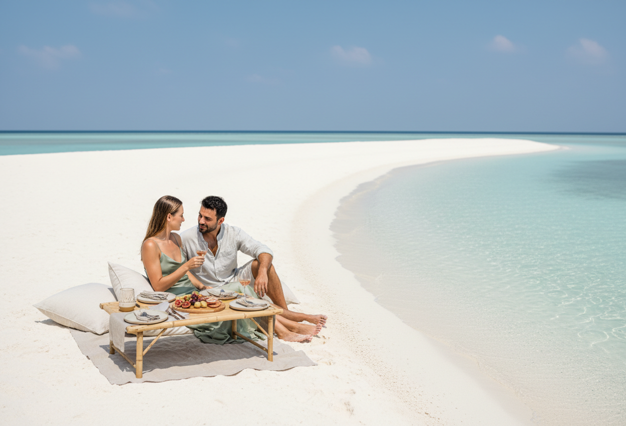 A sunlit tropical sandbank with white sand and clear turquoise water. In the lower left, a couple lounges beside a gourmet picnic on linen pillows and a bamboo table, featuring artisanal snacks and chilled rosé, under bright natural daylight.