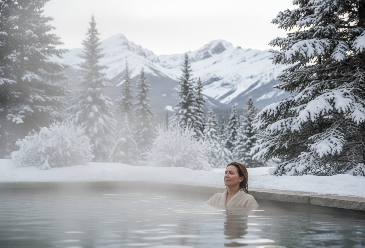 A middle‑aged woman relaxes in a steaming outdoor hot pool at Kananaskis Nordic Spa in early December, surrounded by snow‑covered spruce and fir trees and snow‑dusted mountain peaks, under soft natural daylight.