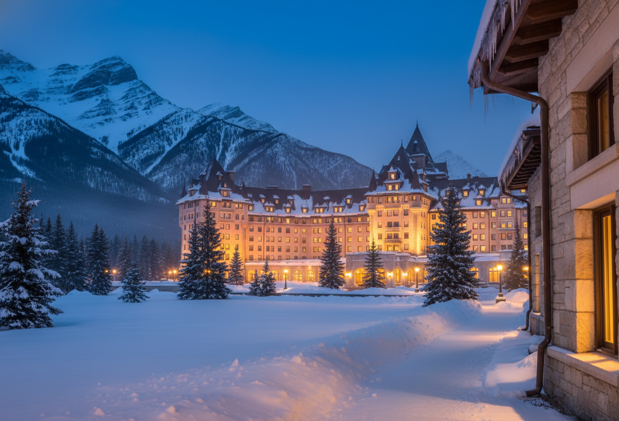 A winter evening scene showing the Fairmont Banff Springs hotel lit warmly against snow‑covered grounds and rugged mountain silhouettes, with glowing windows, frosted trees, and ambient twilight.