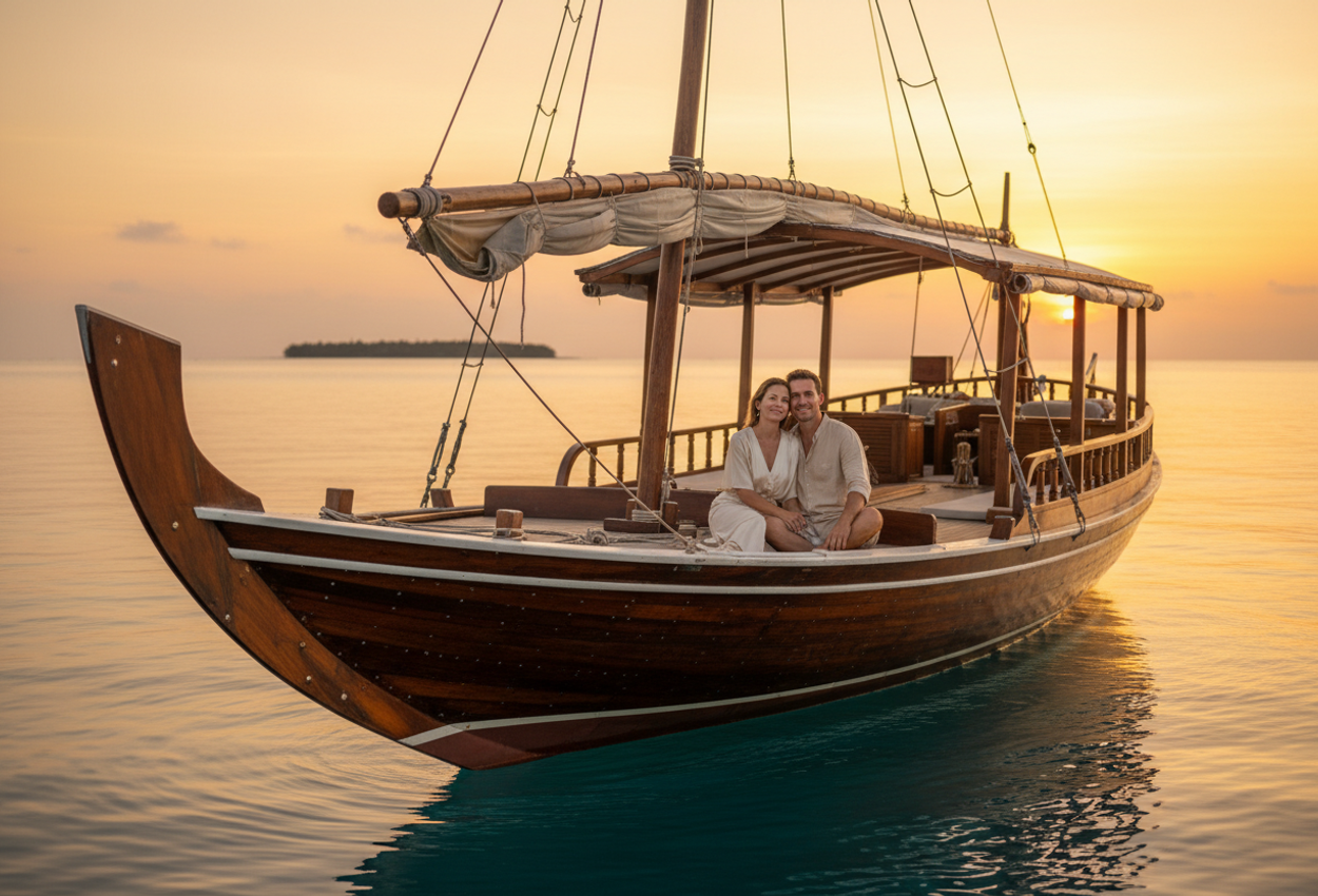 A traditional Maldivian dhoni sails into a golden sunset on calm Indian Ocean waters, with a relaxed couple on deck bathed in warm light, showcasing rich wood textures and vivid sky tones.