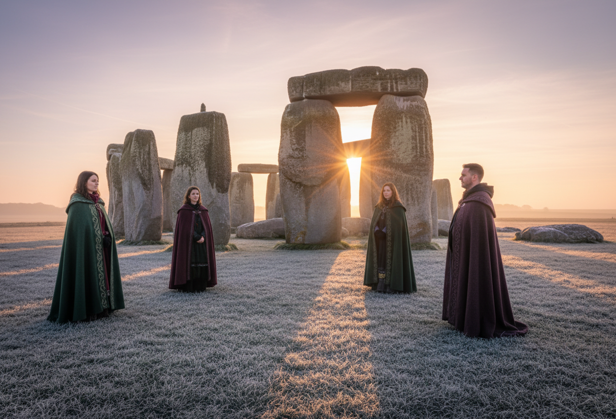 Wide‑angle view of Stonehenge at winter solstice sunrise on December 21, 2025, showing frost‑touched grass, pastel dawn sky, and cloaked druid figures performing a quiet ritual among ancient stones.