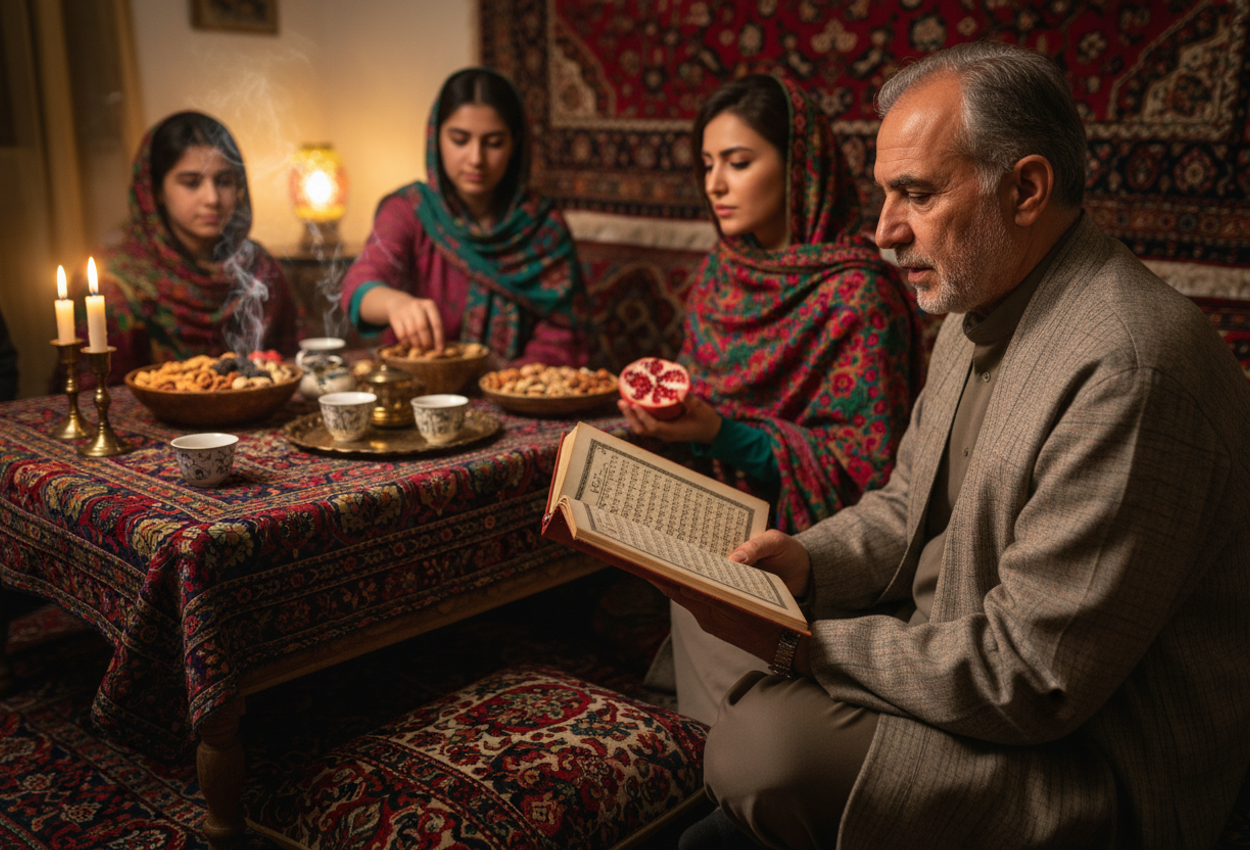 An indoor evening scene showing an Iranian elder reading poetry to family around a heated korsi table covered in Persian textiles, with pomegranates, watermelon, nuts, and dried fruits arranged on the table in soft warm light