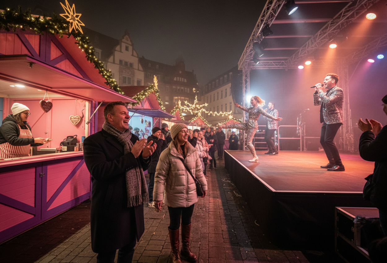 Night‑time image of a live music performance at Cologne’s Heavenue LGBT Christmas market. Foreground shows diverse attendees in winter attire enjoying the show, middle ground features colorful stalls decorated with glitter garlands and LED lights, and background hints at Jugendstil architecture under festive illumination.