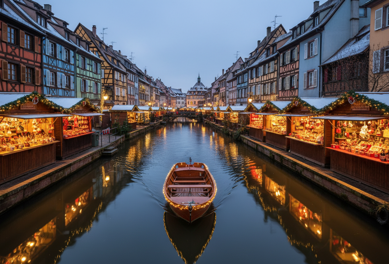 A dusk scene capturing a boat gliding along Colmar’s canal beside festive wooden market stalls among half‑timbered buildings, glowing lights reflecting on smooth water in a serene winter evening.