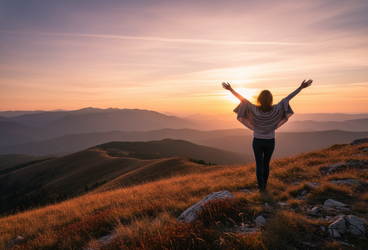 A wide‑angle shot of a woman standing on a mountain ridge at sunset in mid‑October, arms outstretched, silhouetted against a warm sky of orange, pink, and purple, with golden foreground hills and distant mountains beyond.