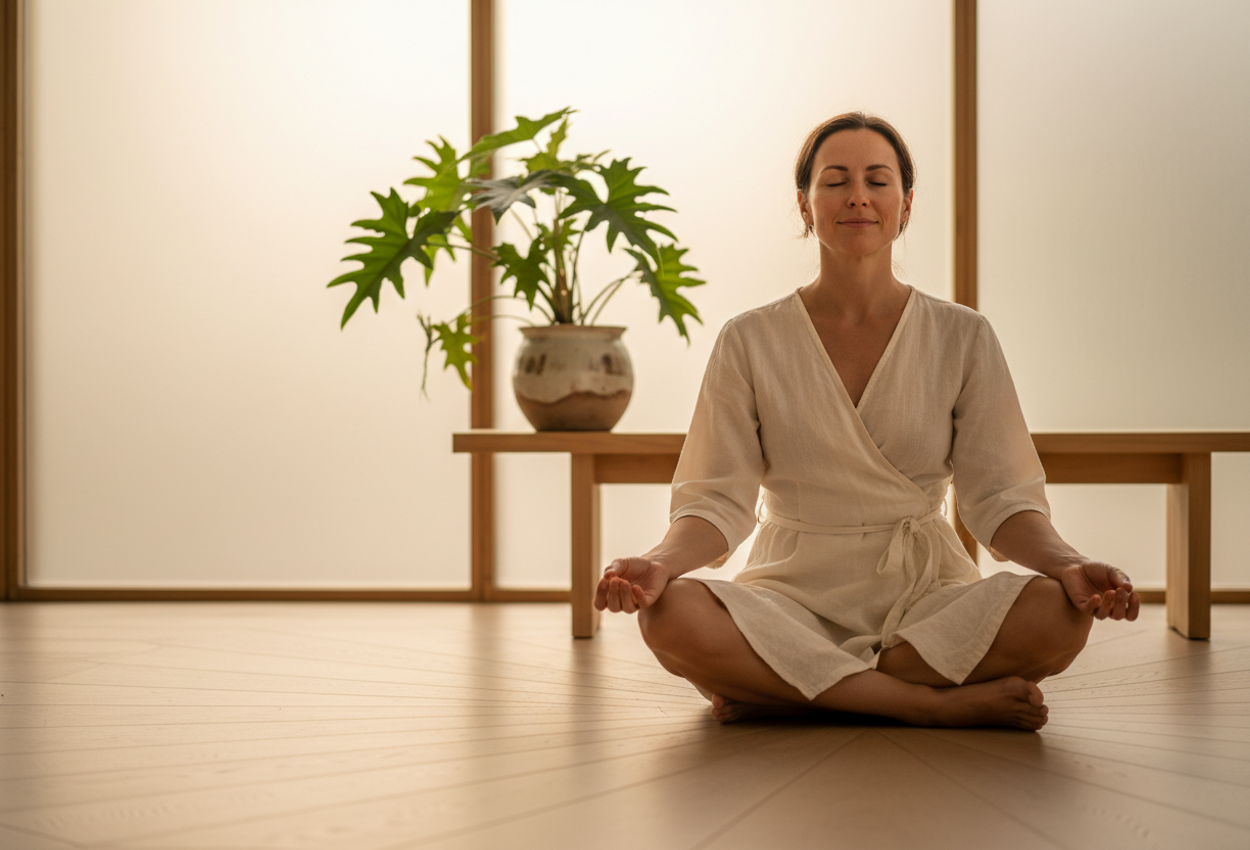 A person meditates in a minimalist wellness room, seated cross‑legged on a pale oak floor with soft daylight filtering through frosted panels, surrounded by simple wooden furniture and natural greenery, conveying calm and digital detox.
