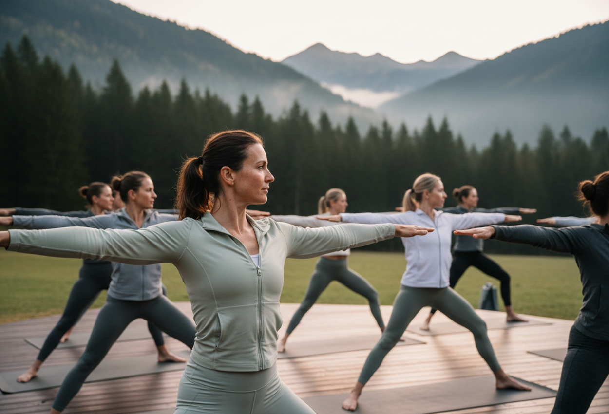 A sunrise wellness retreat scene showing a female instructor guiding a diverse group performing warrior II yoga poses on a wooden platform in a mist‑shrouded alpine forest.