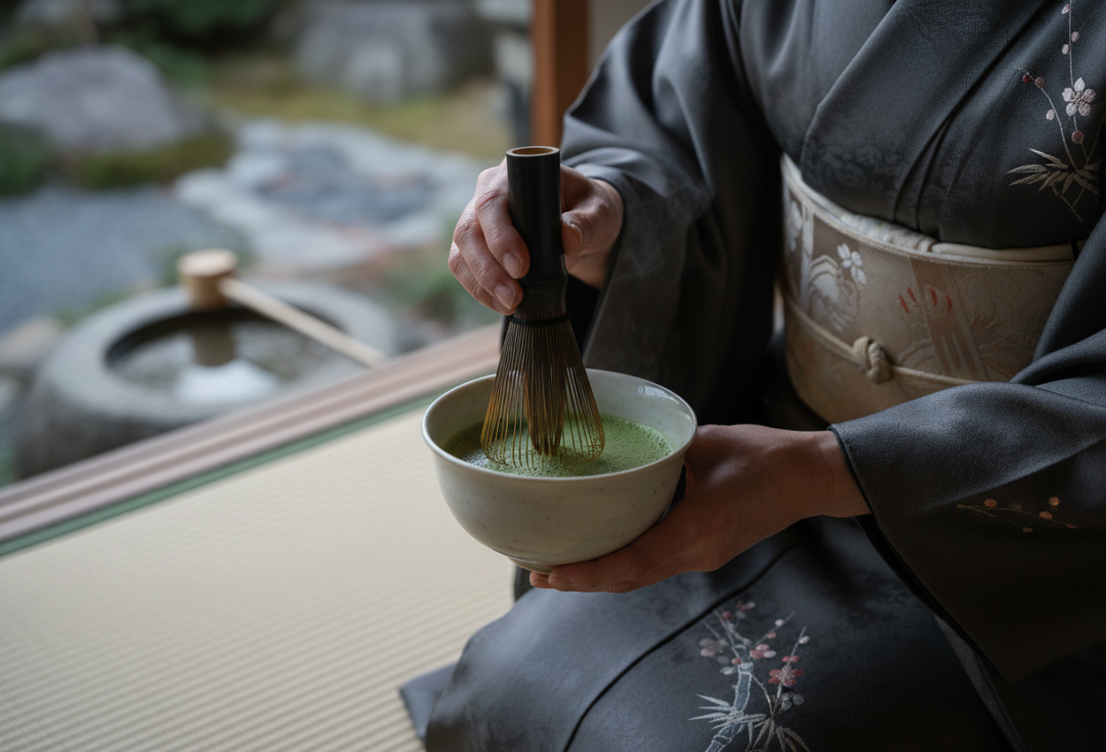 A close‑up photograph of a tea master’s hands whisking vibrant green matcha in a porcelain bowl during a traditional Japanese tea ceremony in Uji, Kyoto, on a cold January morning, softly lit and immaculately composed.