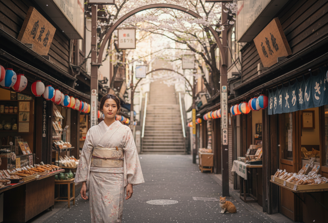 A detailed view of a pedestrian shopping street in Tokyo’s Yanaka Ginza district in April. A young woman in a subtly modern kimono walks among low‑rise traditional shops and cherry blossoms, with food stalls and wooden storefronts, under soft warm natural light.