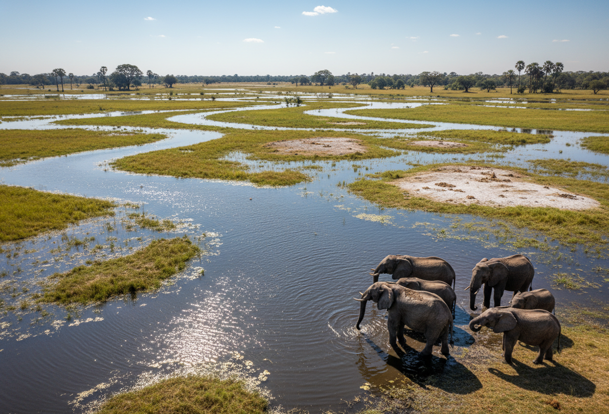 A wide aerial photograph of the Okavango Delta in Botswana taken on January 1 2026, showing a herd of elephants drinking at a waterhole in a vast landscape of winding waterways, papyrus reed beds, flooded grasslands, and distant islands under a clear blue sky.
