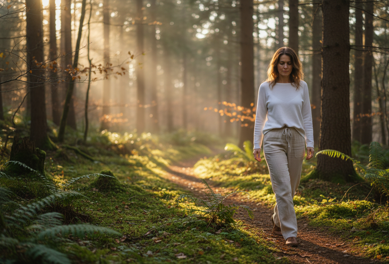 A peaceful scene showing a woman walking along a forest path at dawn, sunlight filtering through tall trees, highlighting moss, ferns, and rich natural textures, conveying healing and a deep connection with nature.