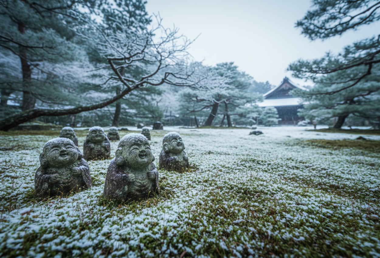 Wide‑angle winter photograph of Sanzen‑in Temple’s moss garden in Ōhara, Kyoto, taken January 1 2026. Moss carpets dusted with snow, weathered stone Jizō statues peeking through, framed by frosted cedars and maples under soft, cool winter light, with the temple hall faintly visible in the background.