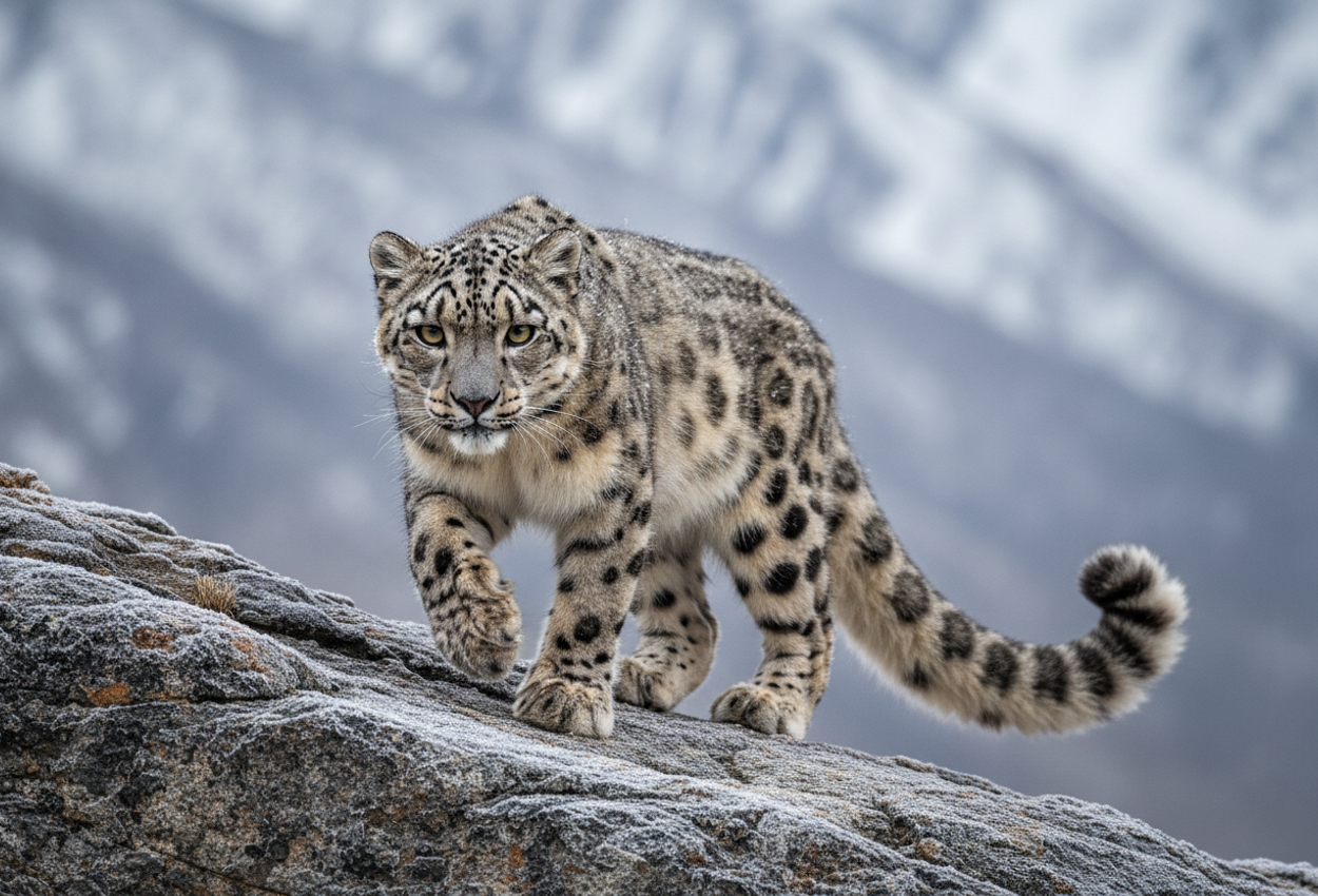 A detailed close‑up image of a snow leopard prowling across a rocky snowy terrain with blurred snow‑capped mountains in background, under soft winter light.
