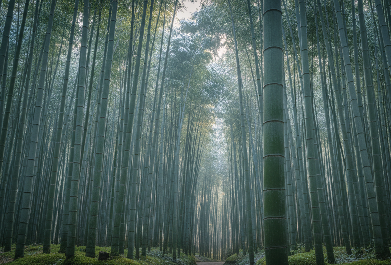 A panoramic winter scene showing tall, frost‑touched bamboo stalks in a secluded grove near Ōkōchi Sansō Villa, with dappled sunlight filtering through dense bamboo, subtle mist, and ultra‑fine bark and frost textures.