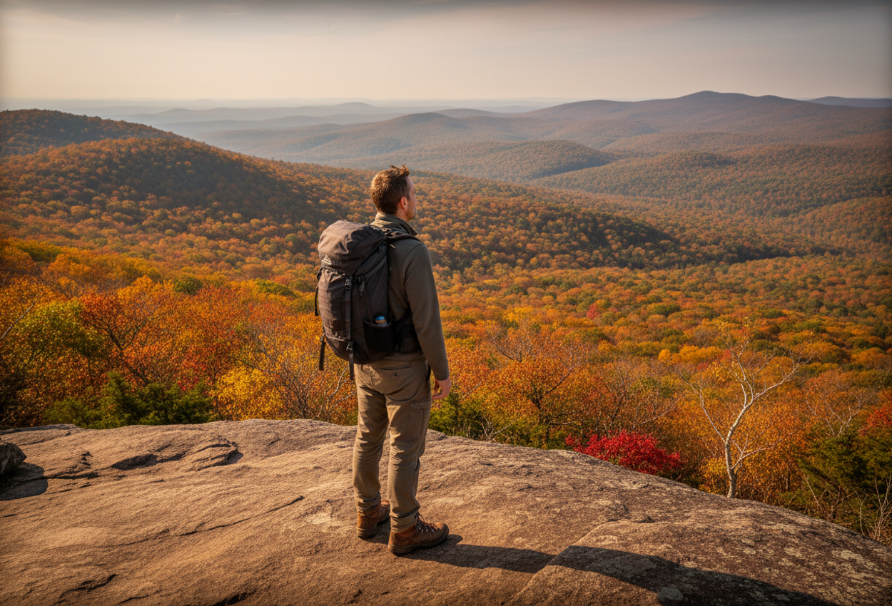 A man stands on a rocky overlook in the Catskill Mountains on October 20, gazing across rolling forested hills ablaze with red, orange and yellow autumn leaves under a clear blue afternoon sky.
