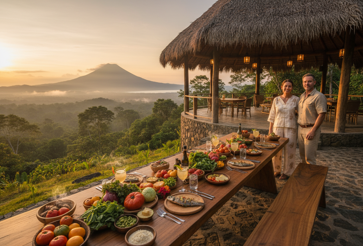 Origins Lodge Costa Rica sunset panoramic farm‑to‑table dining in rainforest Sunset panorama showing a hillside rain‑forest lodge in Costa Rica with open‑air dining table set from organic garden produce, guests seated under thatched pavilion, golden light illuminating rainforest canopy and distant volcano lake.