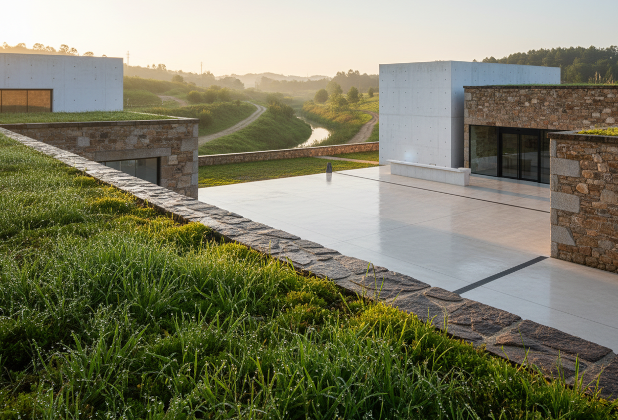 Photographic close‑up of Landscape Laboratory’s green roof and reception courtyard in Guimarães, Portugal, captured at sunrise on July 1, showing stone masonry, white concrete volumes, and adjacent water channel in soft golden light.